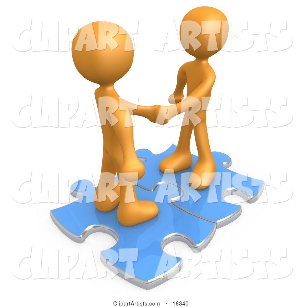 Two Orange People Shaking Hands While Standing on Connected Blue Puzzle Pieces, Symbolizing Teamwork, Deals, and Link Exchanges for Seo Website Marketing
