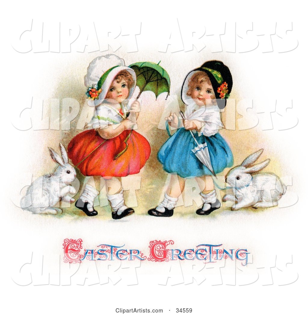 Two Sisters Walking Their Pet Rabbits on Leashes and Carrying Parasols on Easter