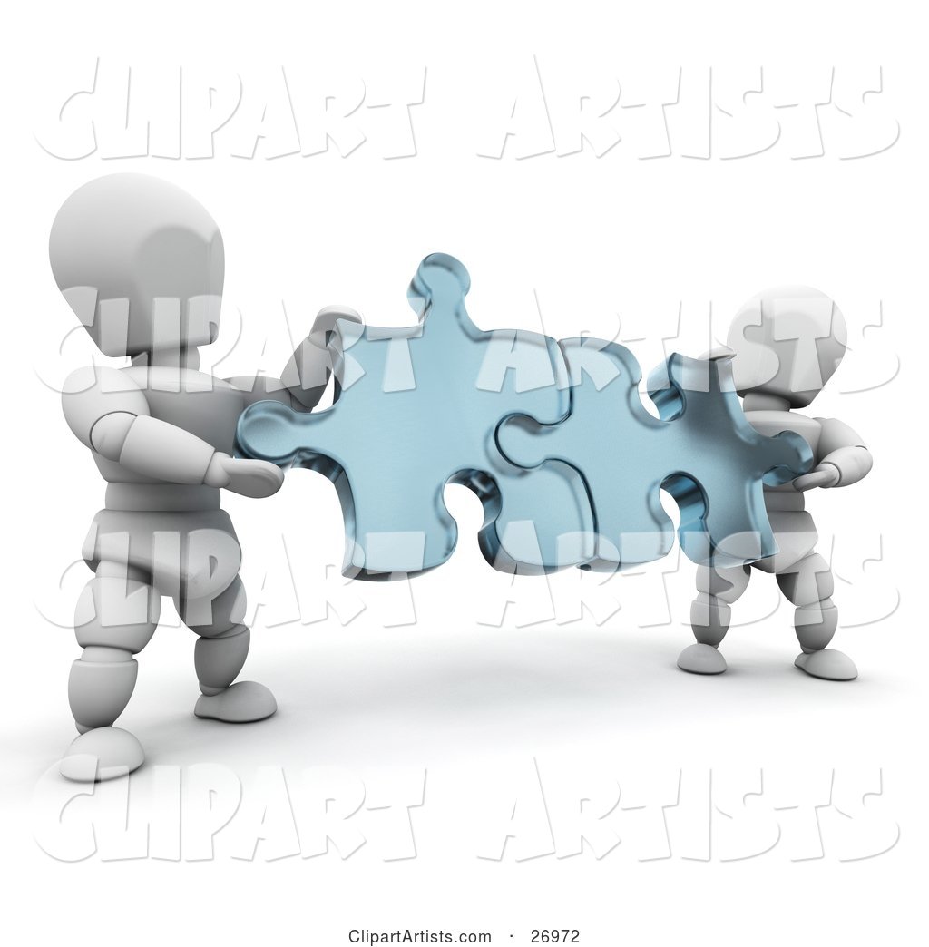 Two White Characters Holding Blue Jigsaw Puzzle Pieces and Fitting Them Together
