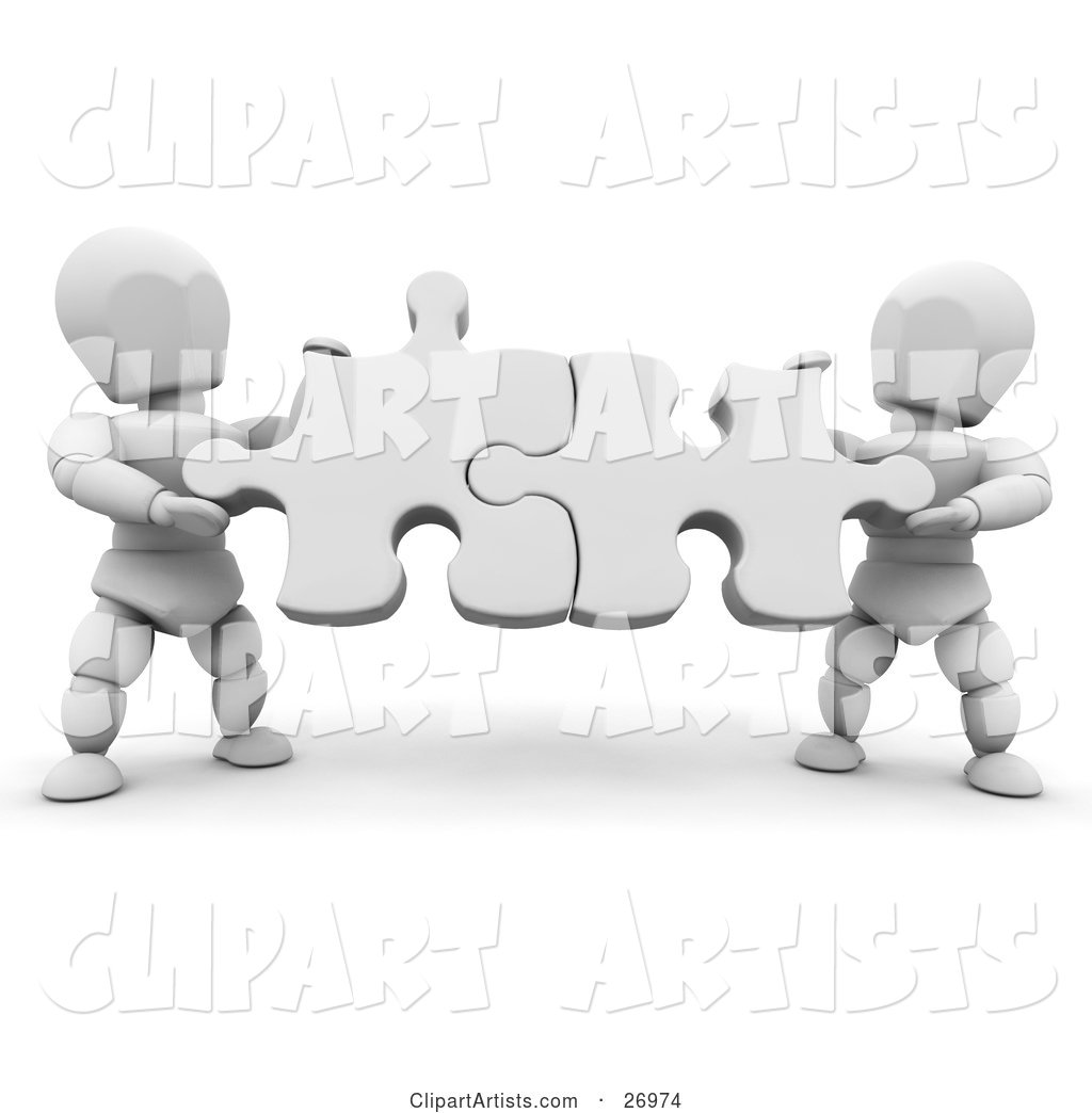 Two White Characters Holding White Jigsaw Puzzle Pieces and Fitting Them Together