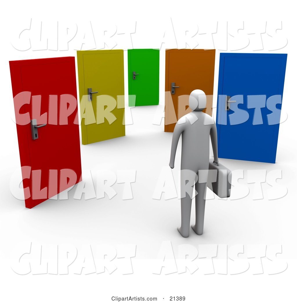 Uncertain Gray Person Standing Before Colorful Doors of Opportunities