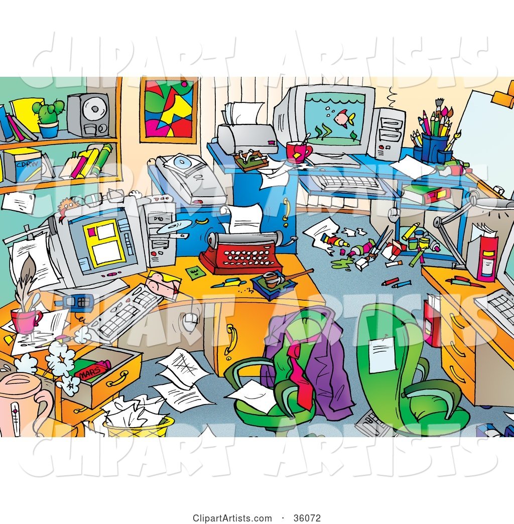 Very Messy Office with Clutter and a Nude Magazine on the Desks and Floors