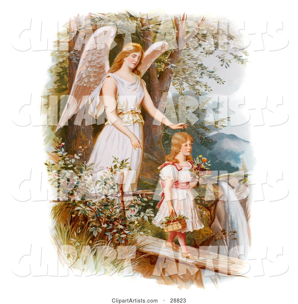 Vintage Valentine of a Female Guardian Angel Looking over a Little Girl As She Carries Flowers and a Basket Across a Log over a Cliff and River, Circa 1890