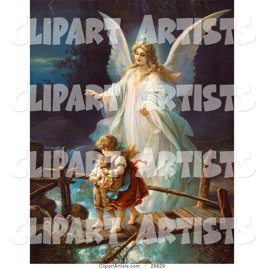 Vintage Valentine of a Female Guardian Angel Protecting a Little Girl and Her Brother As They Cross over a River on a Narrow Broken Bridge, Circa 1890