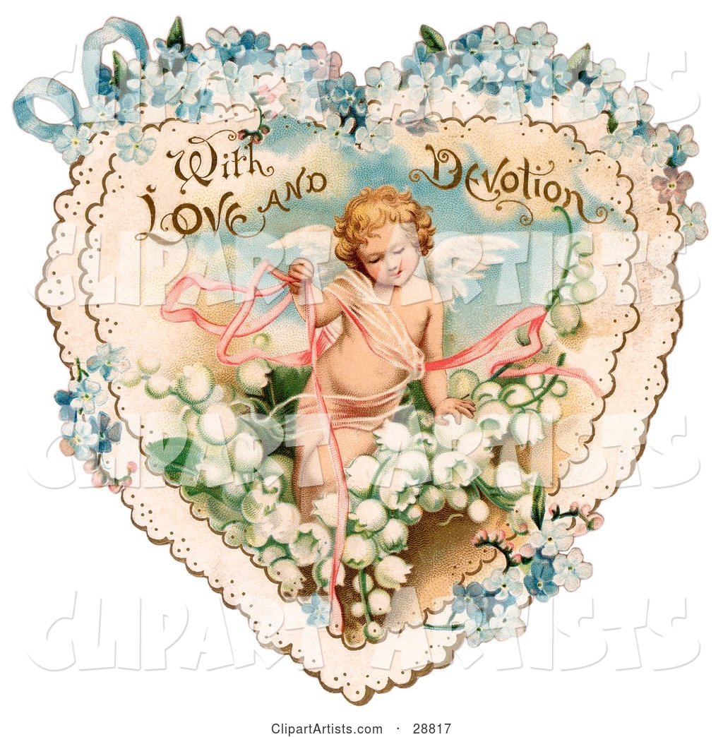 Vintage Valentine of Cupid with Ribbons, Prancing in White Lily of the Valley Flowers on a Lacy Heart with Forget Me Not Flowers, Circa 1890