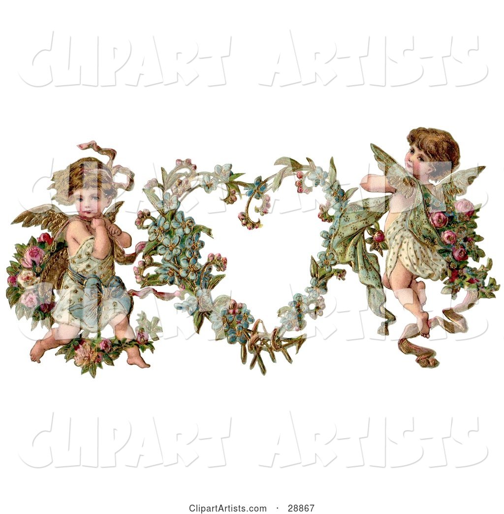 Vintage Valentine of Two Adorable Cupids with Roses Beside a Gilded Forget Me Not Valentine Heart Wreath