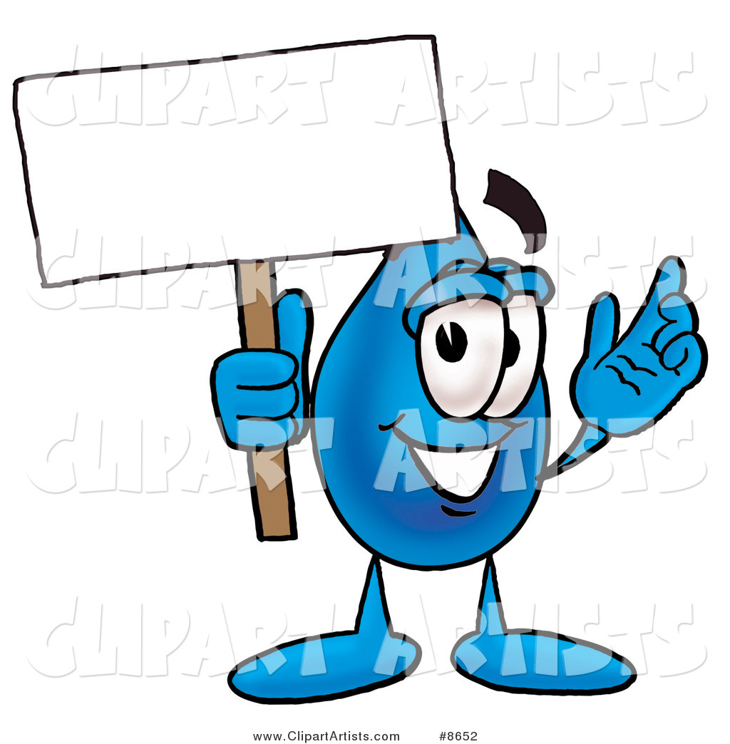 Water Drop Mascot Cartoon Character Holding a Blank Sign