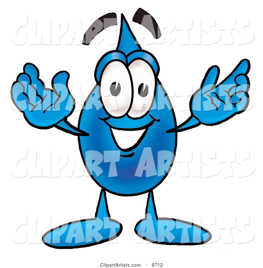 Water Drop Mascot Cartoon Character with Welcoming Open Arms