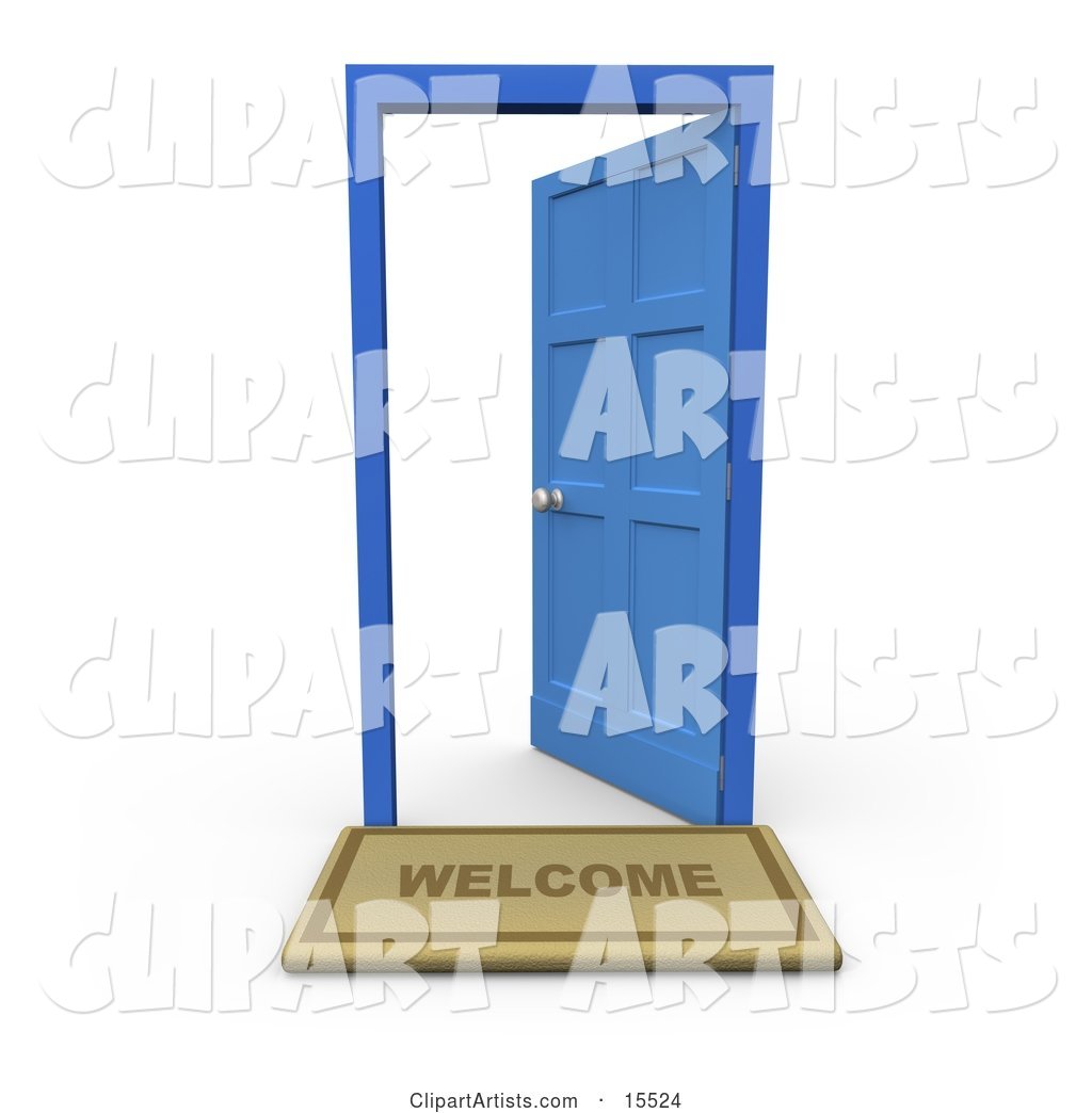 Welcome Door Mat in Front of an Open Blue Door