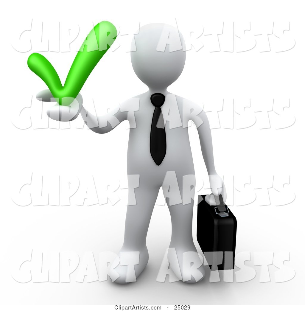 White Business Person in a Tie, Carrying a Briefcase and Holding a Grey Check Mark, Symbolizing Approval and Solutions