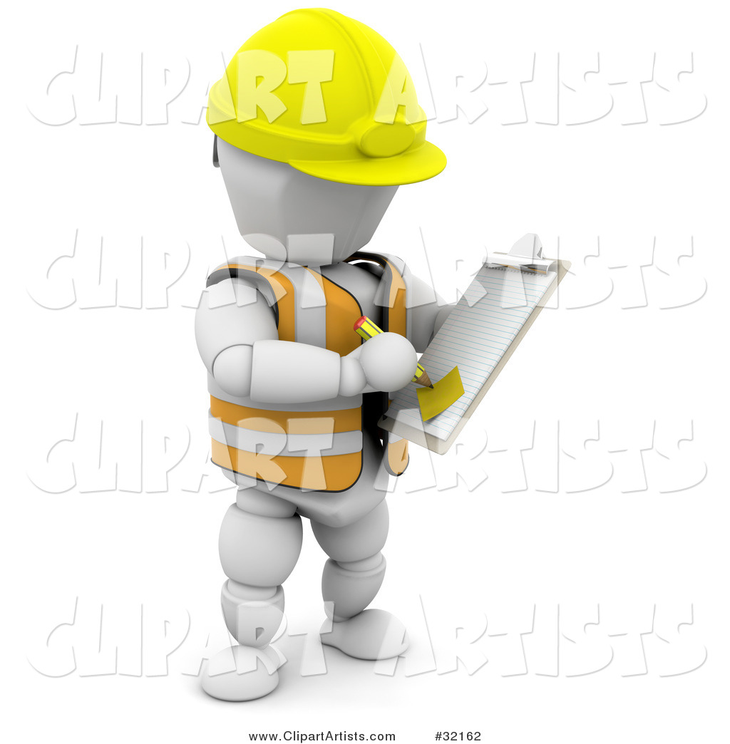 White Character in a Hardhat and Vest, Taking Notes on a Clipboard in a Construction Zone