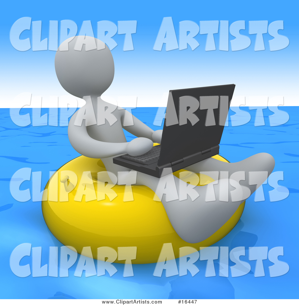 White Person, a Workaholic, Floating on a Yellow Inner Tube in the Ocean While Typing on a Laptop Computer