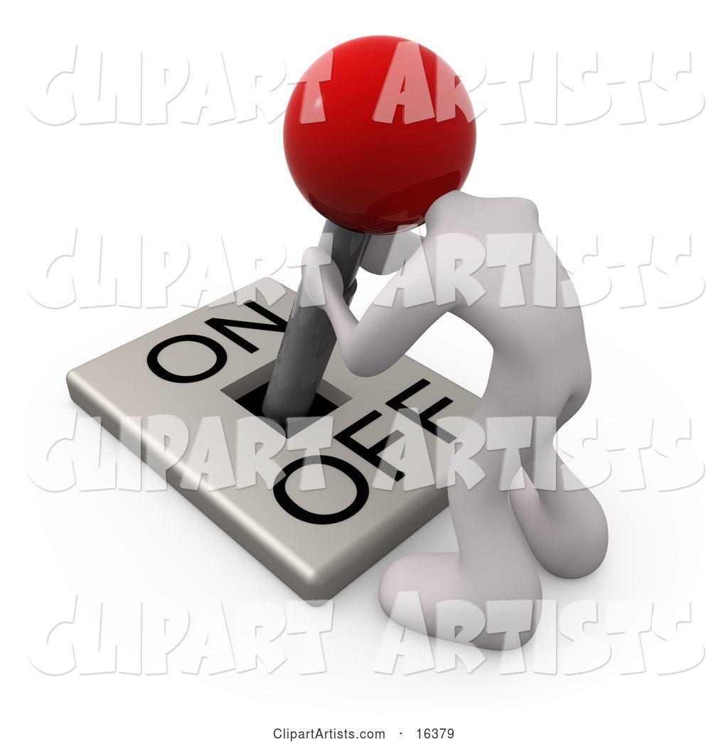 White Person with a Red Head Attached to an On/off Switch Lever, Crouching over and Struggling to Turn the Switch on