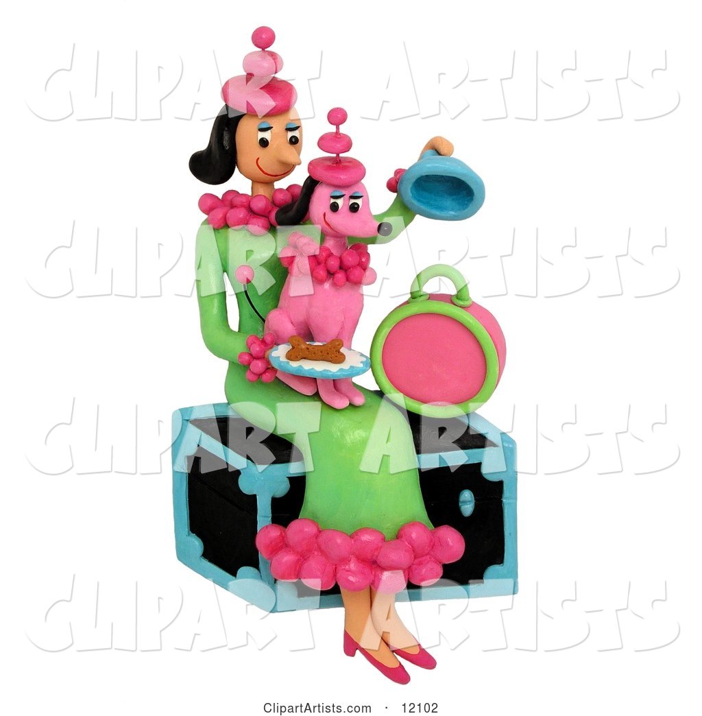 Woman Holding Pink Poodle with Matching Outfit Sitting on Trunk