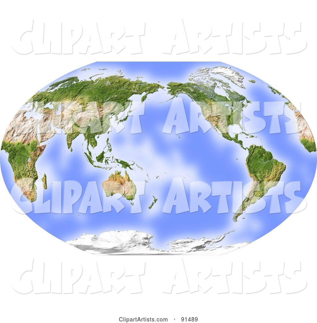 World Map, Shaded Relief, Centered on the Pacific