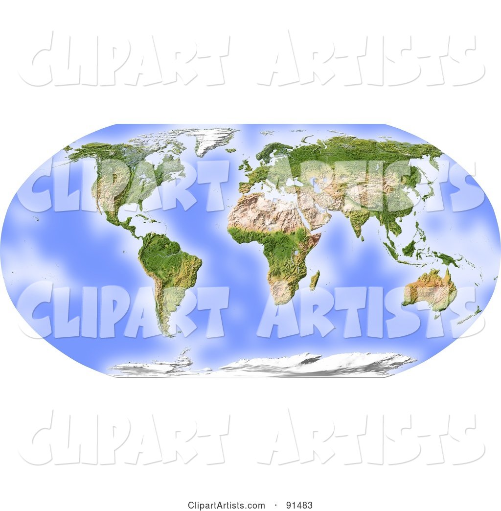World Map, Shaded Relief in Robinson Projection, Centered on Africa