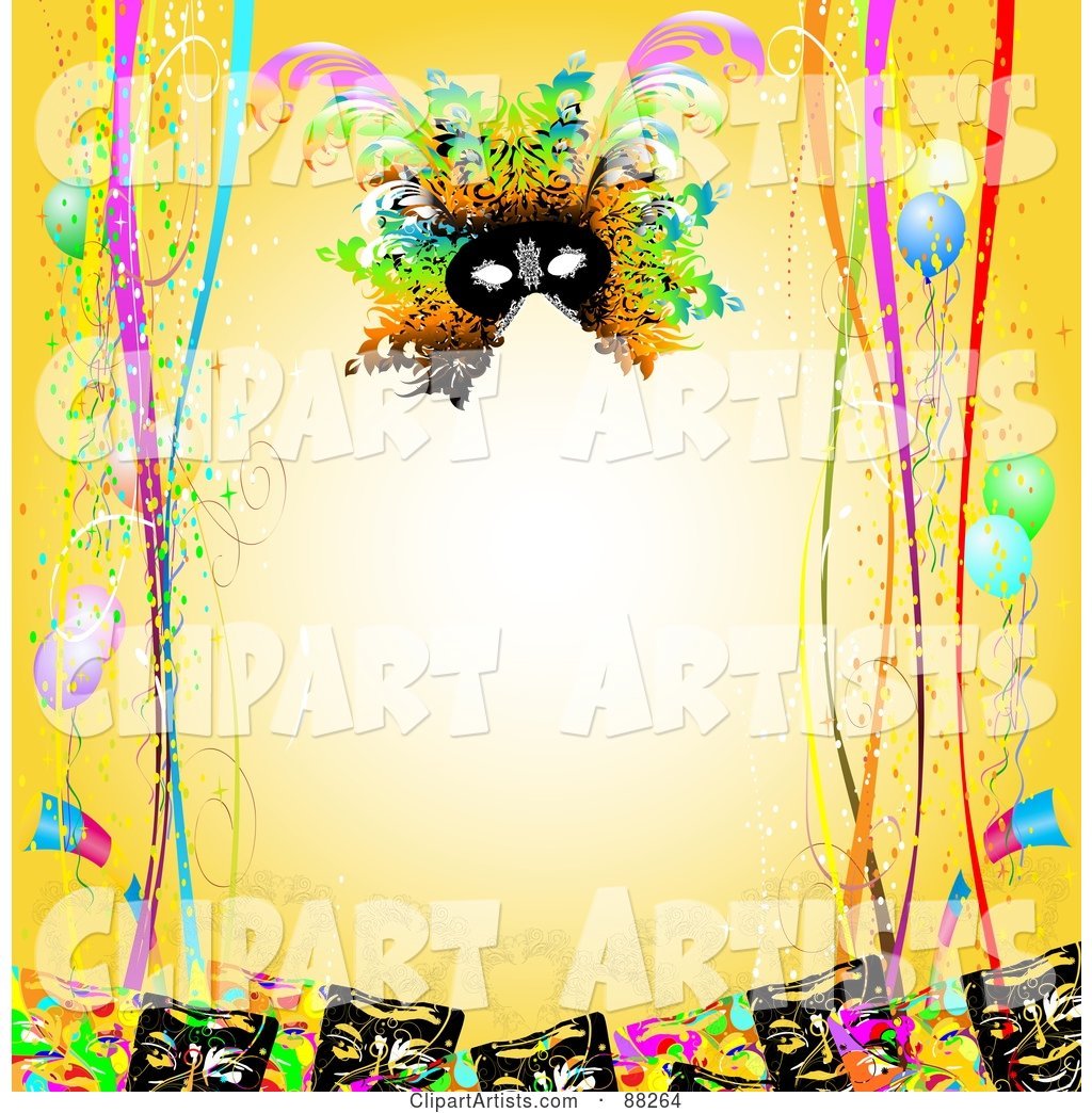 Yellow Background Bordered with Carnival Masks, Confetti, Ribbons and Balloons