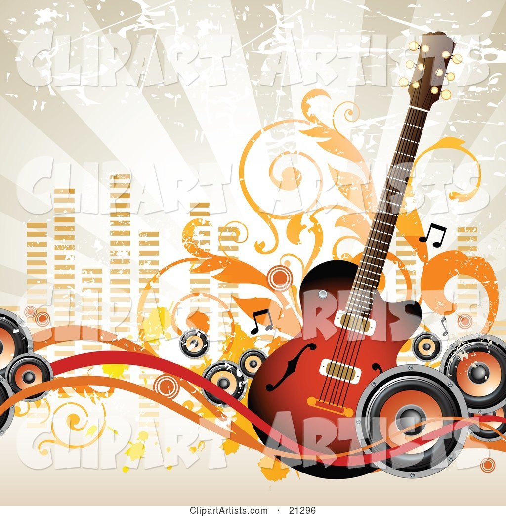 Acoustic Guitar with Music Notes and Radio Speakers over a Grunge Background