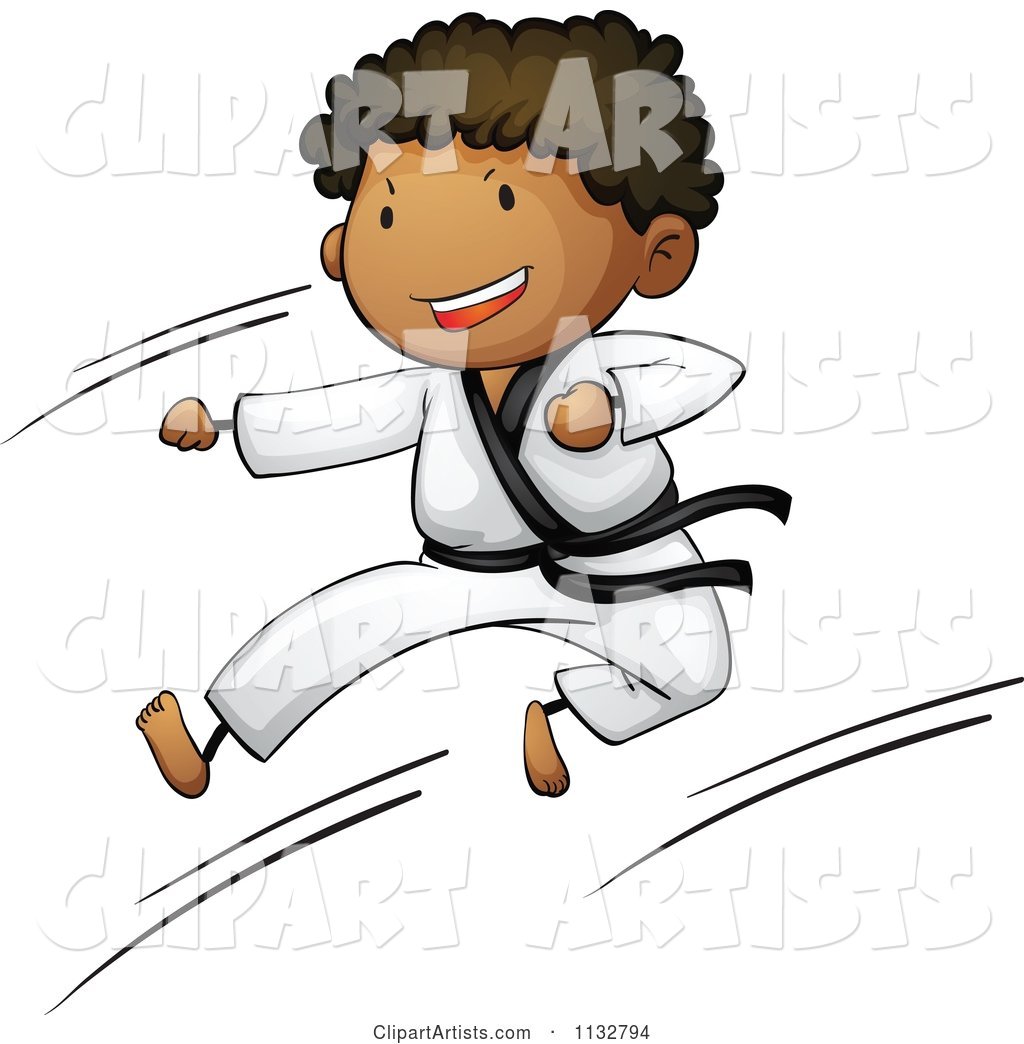 African American Black Belt Karate Boy Kicking