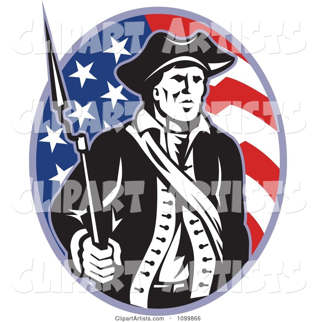 American Revolutionary Soldier Patriot Minuteman with a Musket Bayonet Rifle over a Stars and Stripes Flag Oval