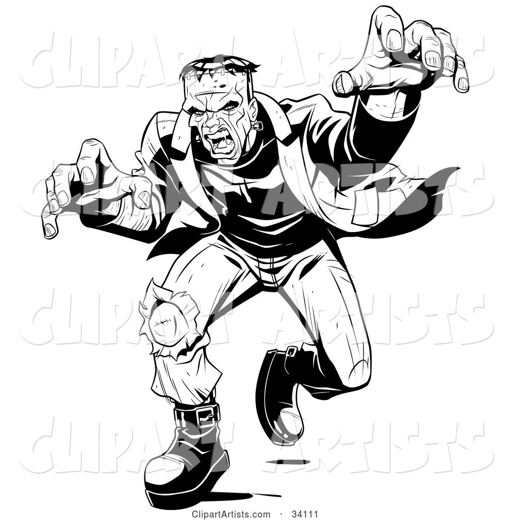 Angry Frankenstein Lunging Forward to Attack, His Massive Hands Extended Towards the Viewer