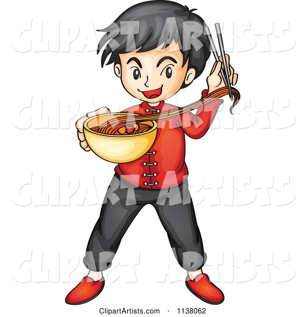 Asian Boy with Chopsticks and a Bowl of Noodles