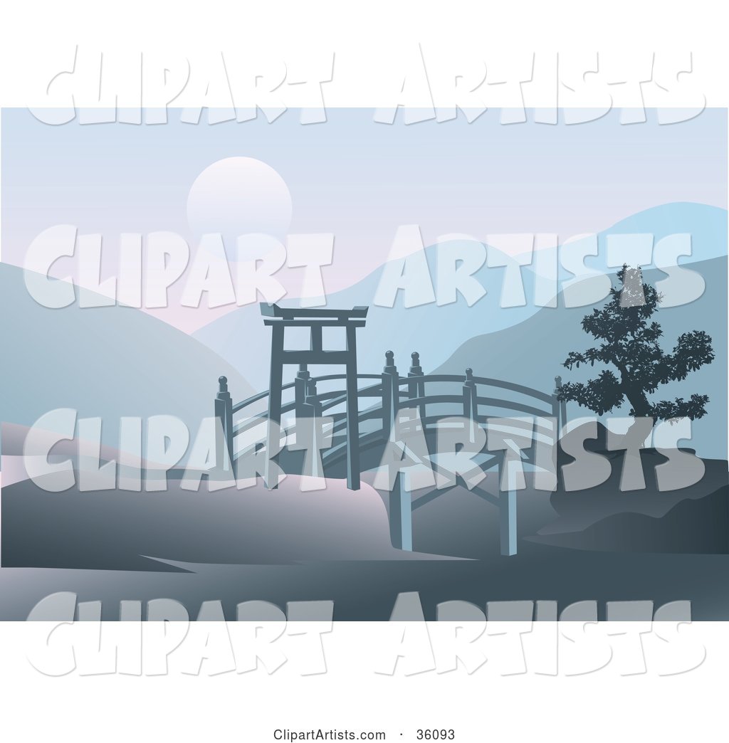 Asian Footbridge Spanning Through Hills with a Full Moon over Mountains