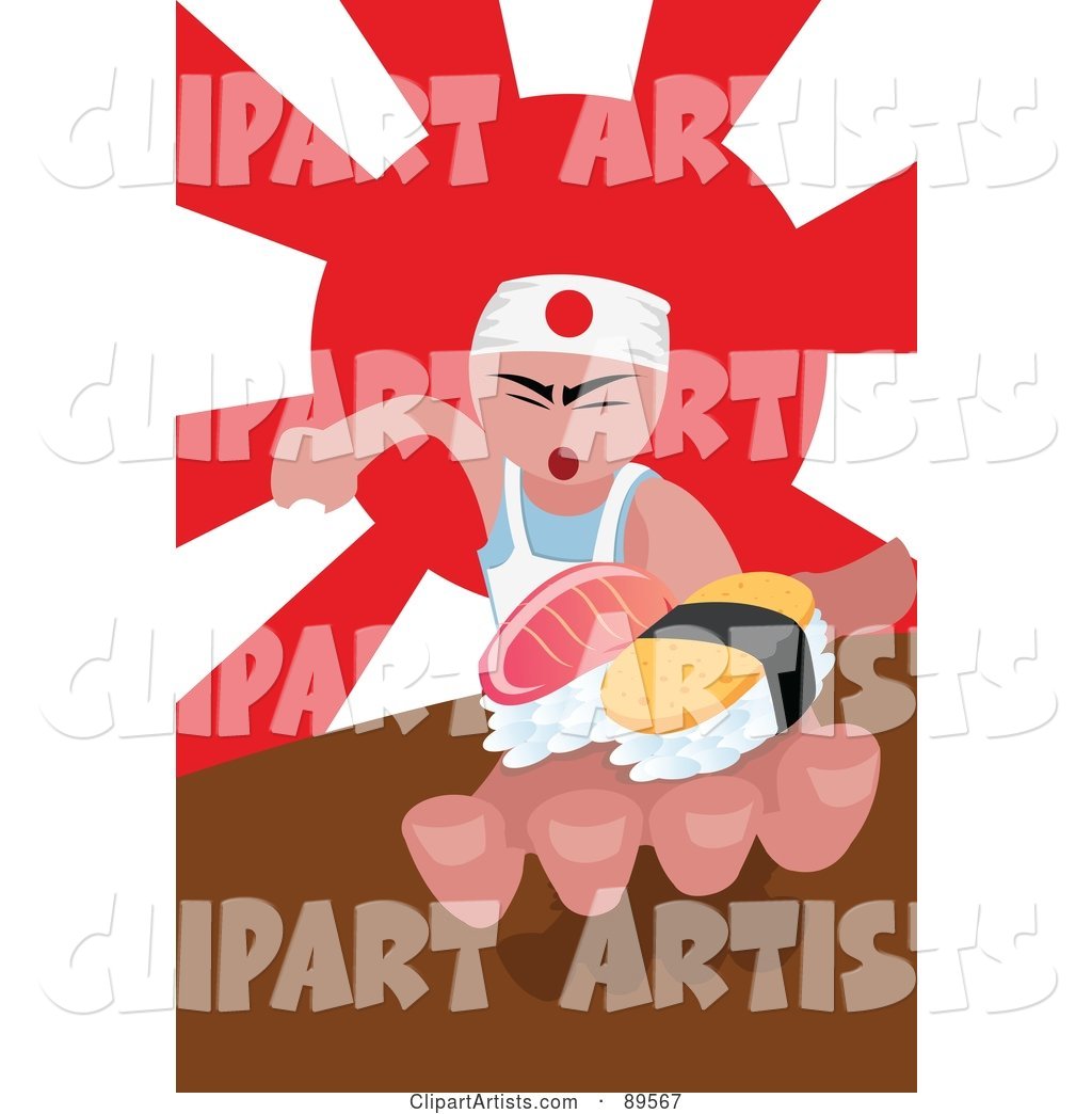 Asian Sushi Chef Holding Food in His Hand