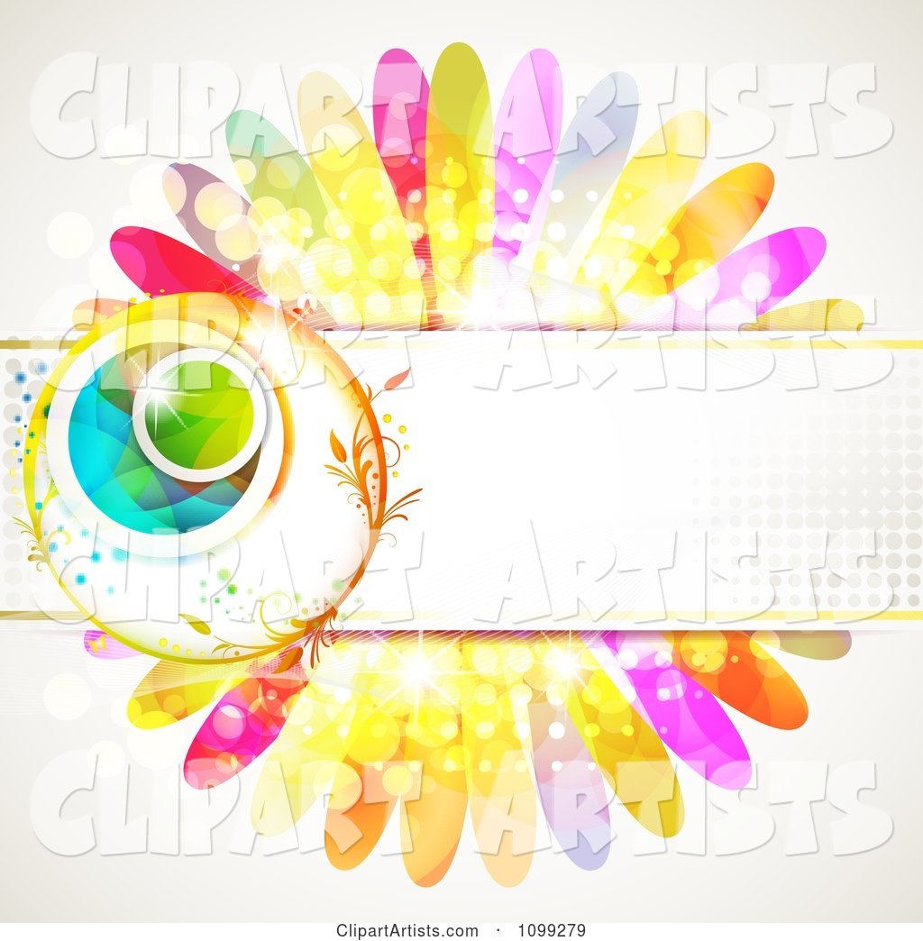 Background of a Floral Sphere with a Haltone Banner over Colorful Flower Petals