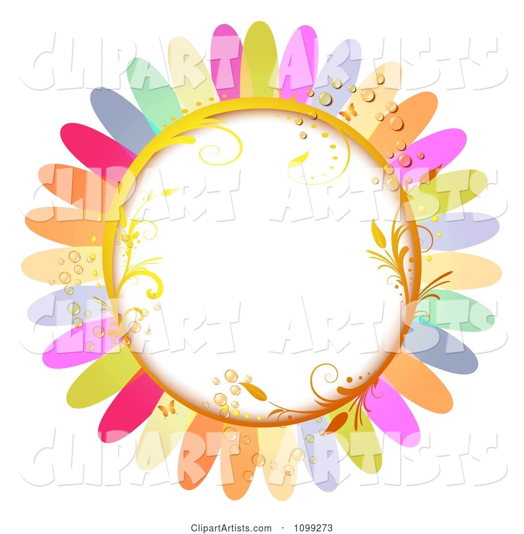 Background of a Golden Vine Frame with Butterflies Dew and Colorful Flower Petals