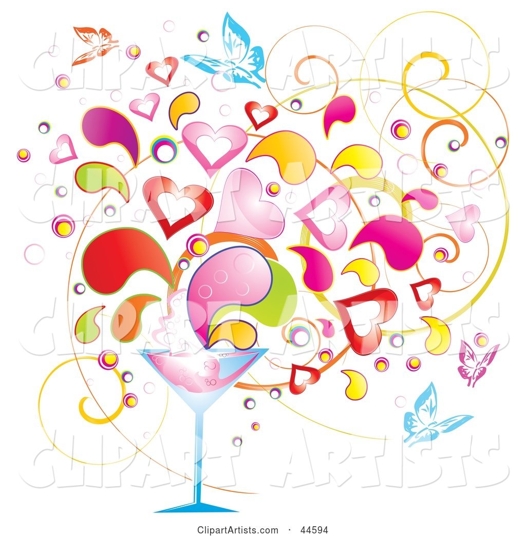 Background of Colorful Splashes, Hearts and Butterflies Emerging from a Martini Glass