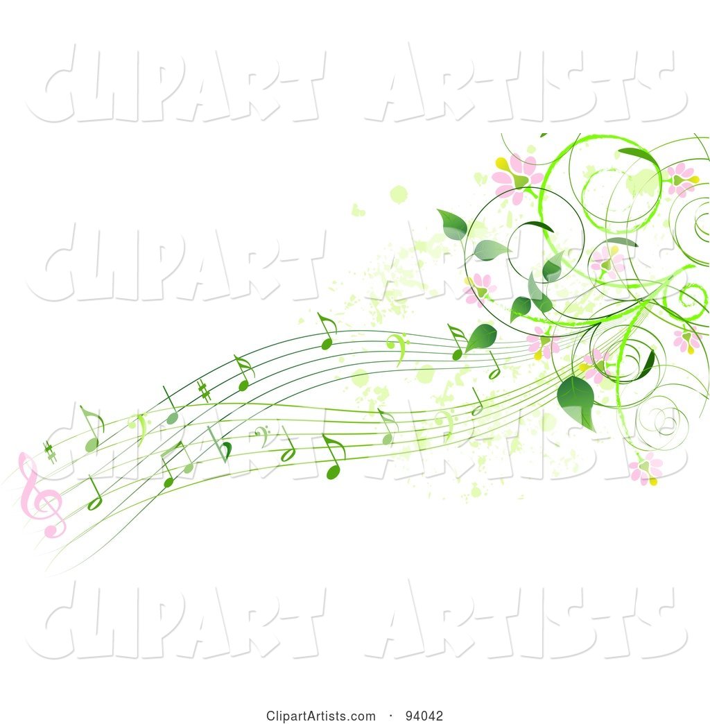 Background of Green Music Notes, Pink Flowers and Vines