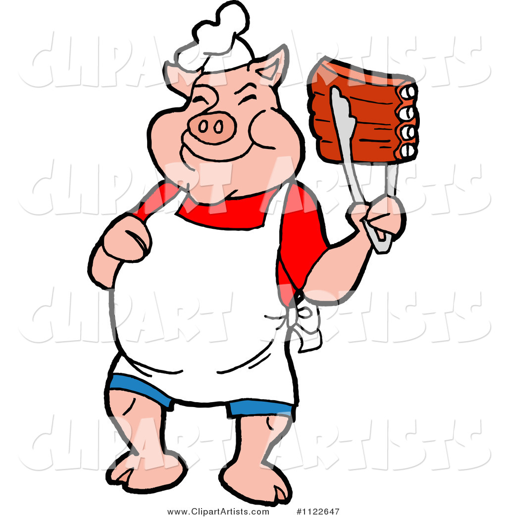 BBQ Pig Chef Holding up Ribs with Tongs