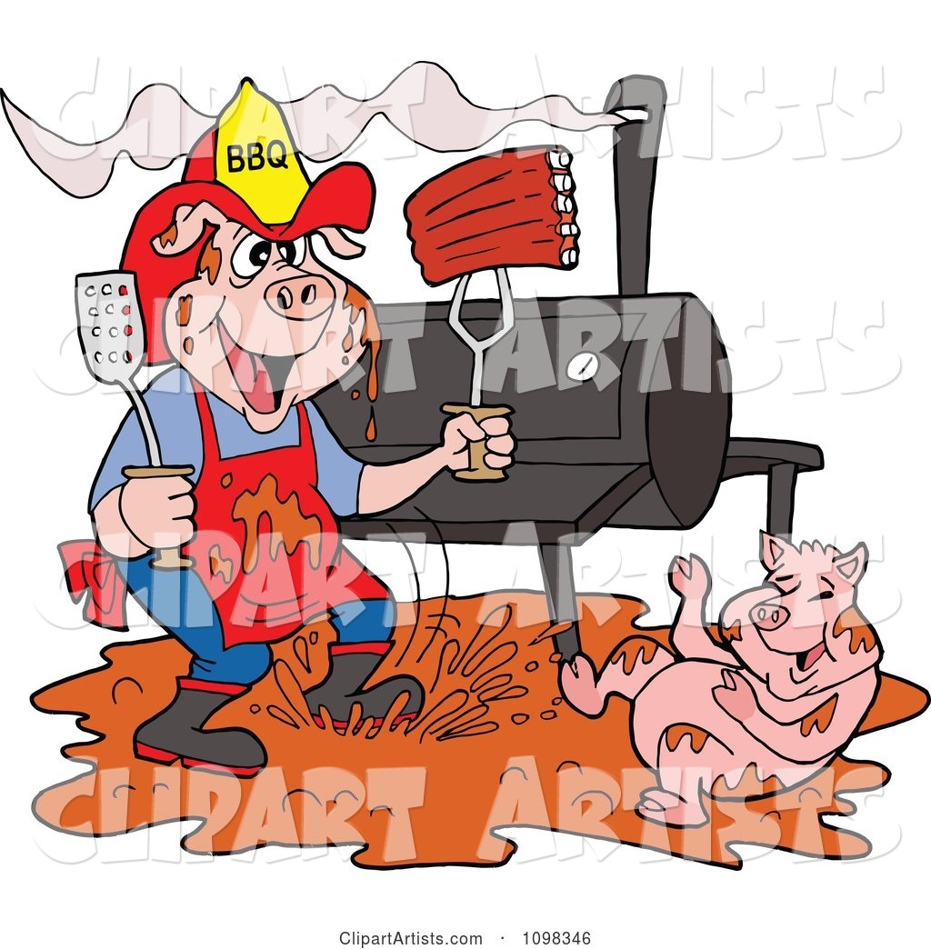 Bbq Pig Firefighter with Ribs a Smoker and Puddle of Mud