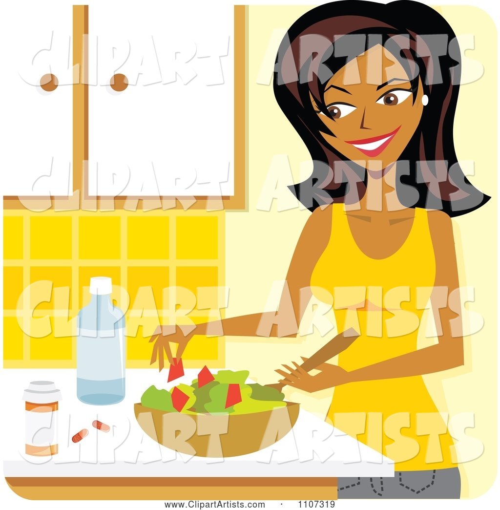 Beautiful Black Woman Preparing a Salad and Supplements in a Kitchen