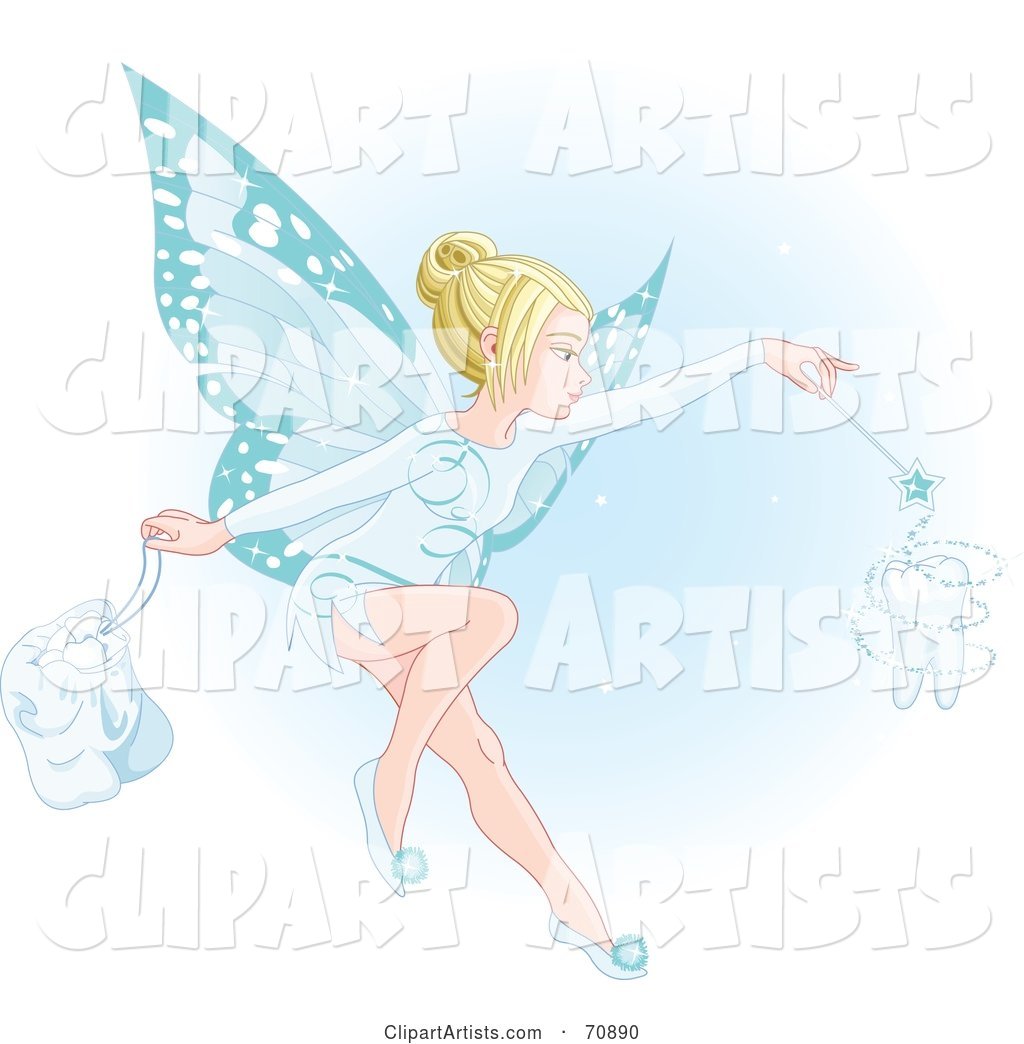 Beautiful Blond Fairy with Blue Wings, Making a Magical Tooth