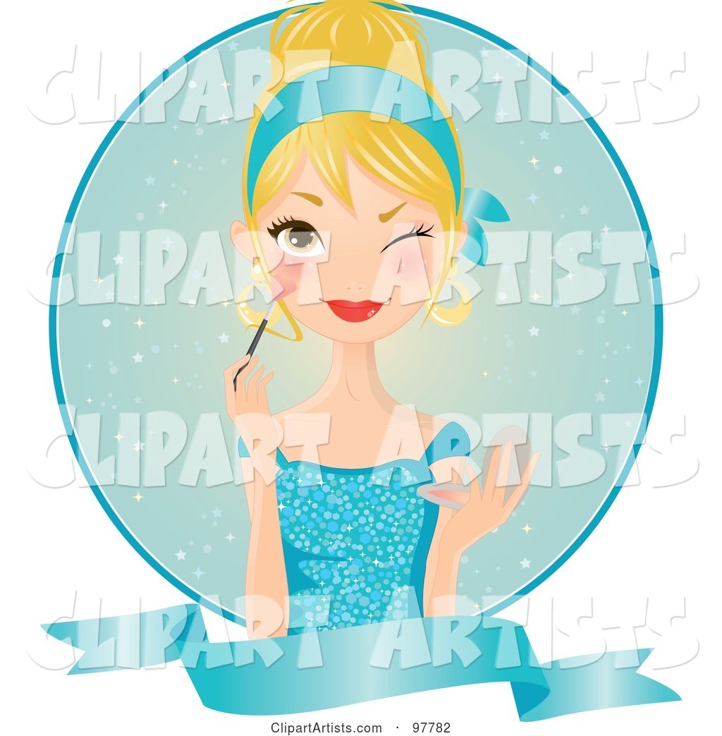 Beautiful Blond Woman in a Blue Dress, Applying Blush over a Circle and Blank Banner