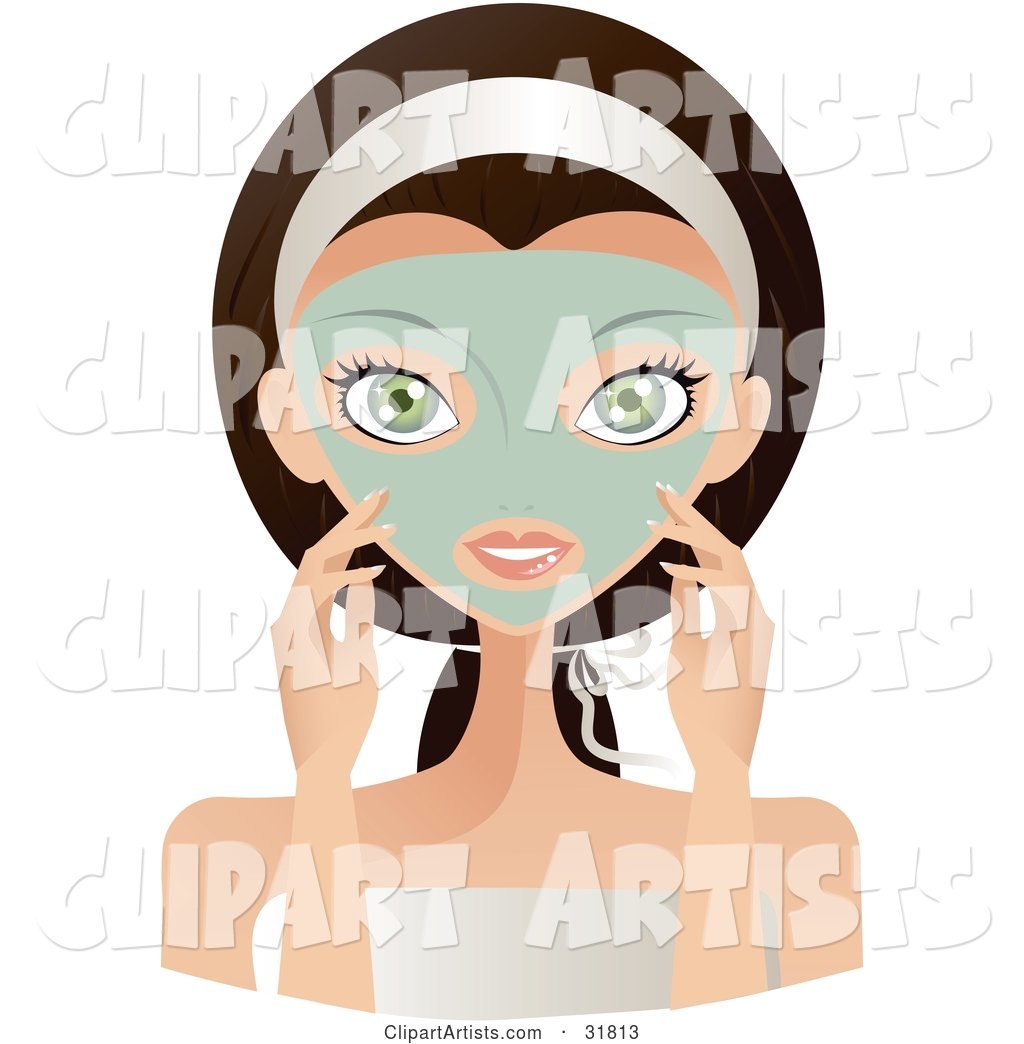 Beautiful Brunette Caucasian Woman with Green Eyes, Facing Front and Touching the Green Facial Mask on Her Face