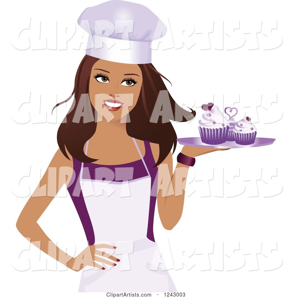 Beautiful Brunette Female Baker Holding a Tray of Purple Cupcakes