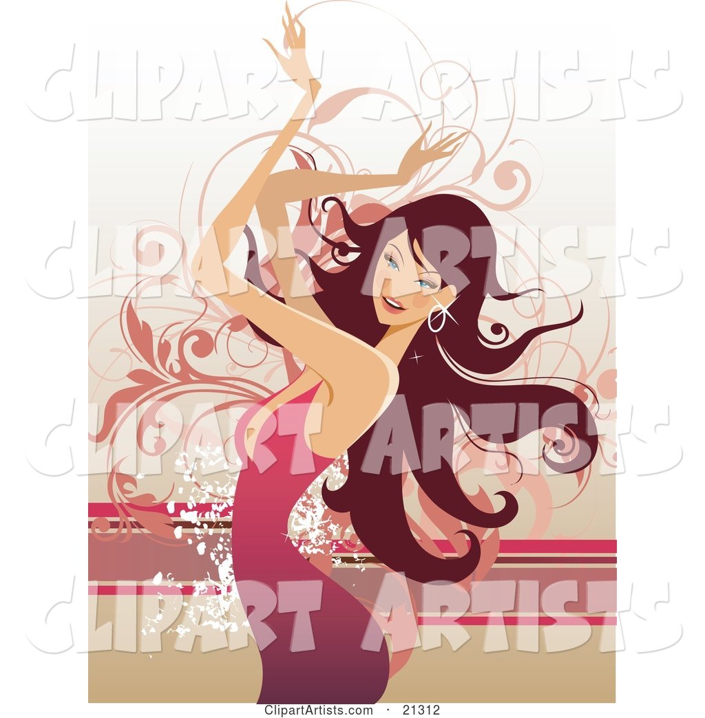 Beautiful Caucasian Woman with Long Hair, Wearing a Pink Dress and Moving Her Arms Above Her Head While Dancing
