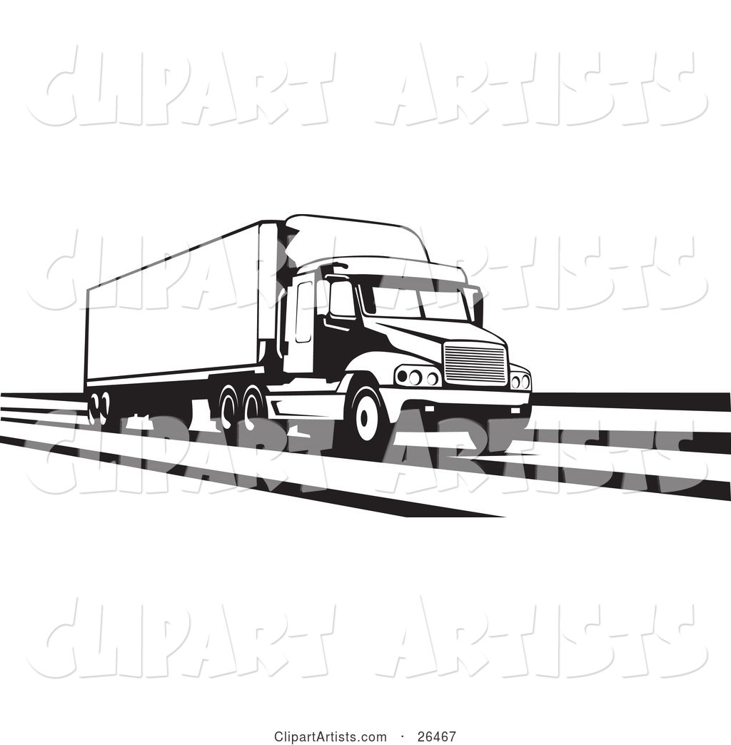 Big Rig Truck Speeding Along the Interstate, Black and White