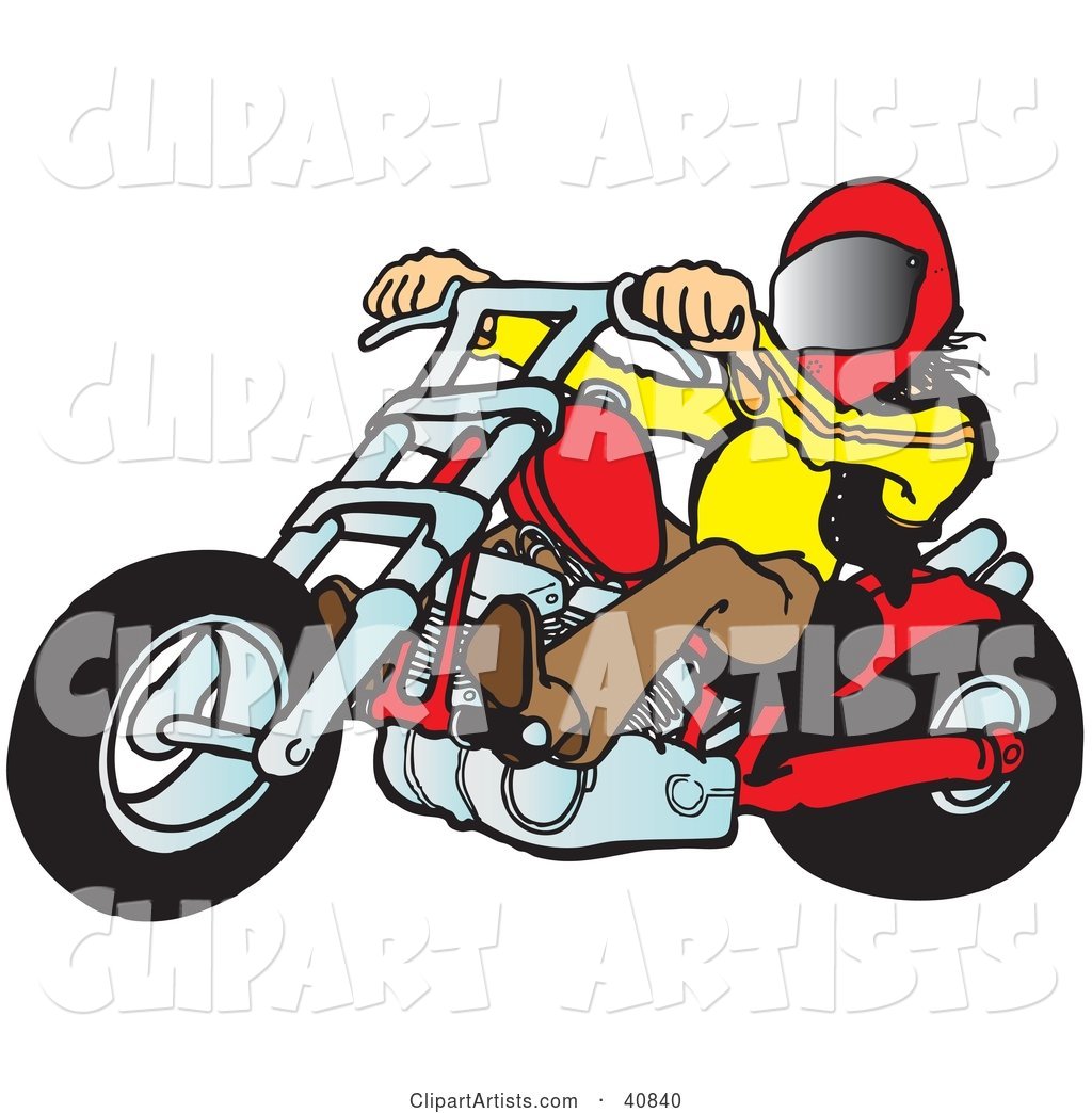 Biker Dude in a Helmet, Riding a Red Chopper