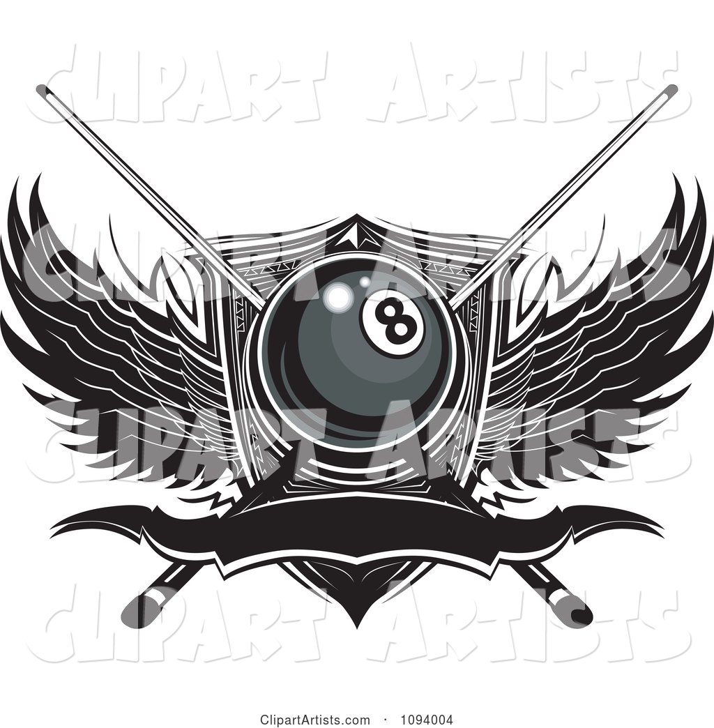 Billiards Eight Ball with Sticks Wings and Banner