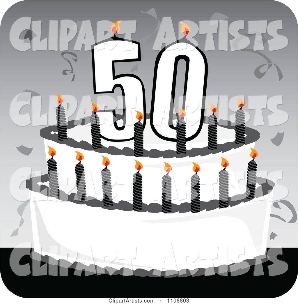 Black and White 50th Birthday Cake with Candles and Confetti on a Gray Square