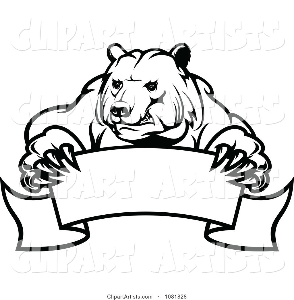 Black and White Bear Holding a Curved Banner