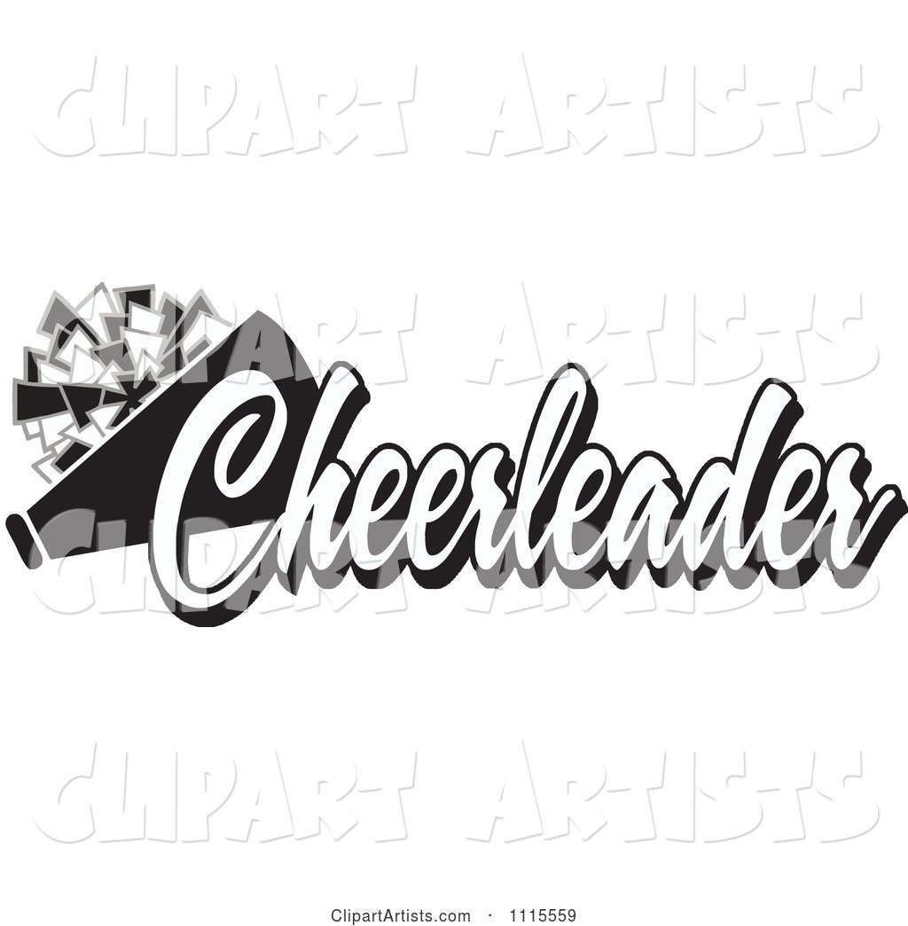 Black and White Cheerleader Text with a Pom Pom and Megaphone