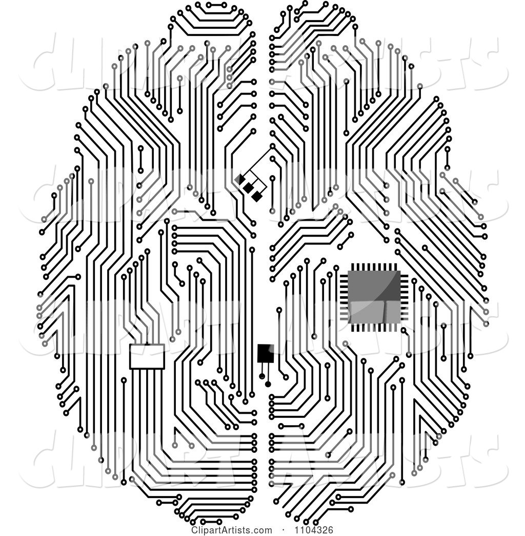 Black and White Circuit Brain with a Computer Chip