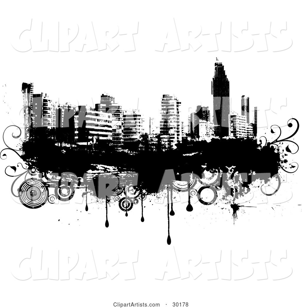 Black and White City Skyline on Grunge with Drips and Circles