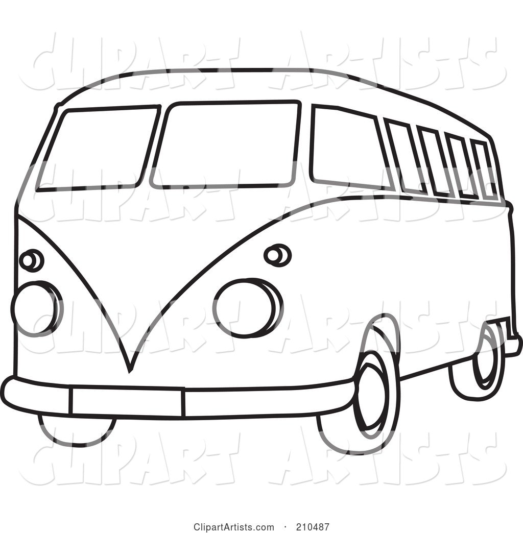 Black and White Coloring Page Outline of a Hippie Bus Van