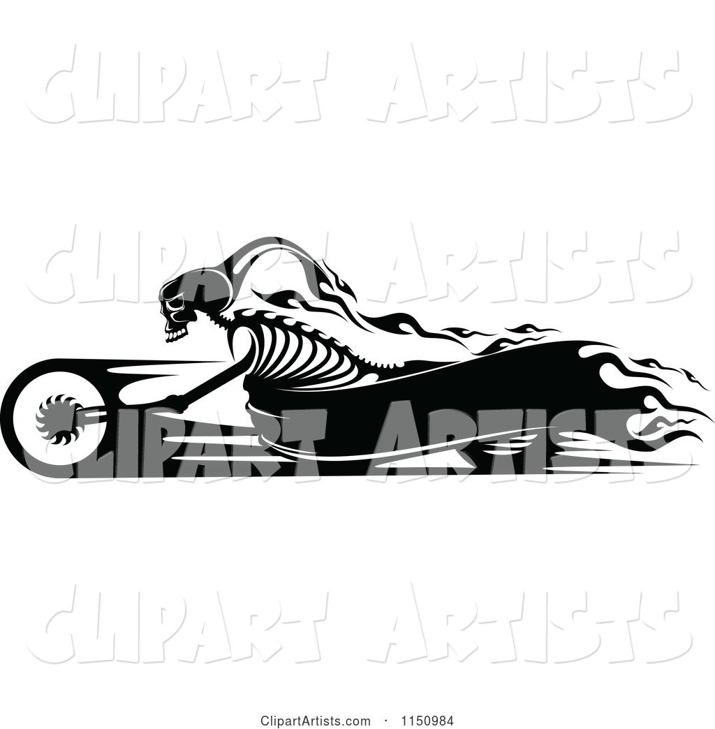 Black and White Flaming Skeleton Biker on a Motorcycle with Copyspace